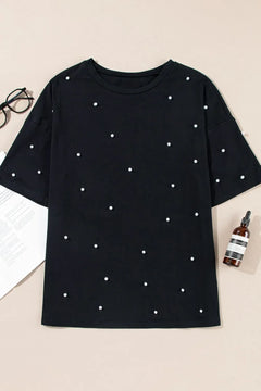 Pearl Beaded Round Neck Half Sleeve T Shirt