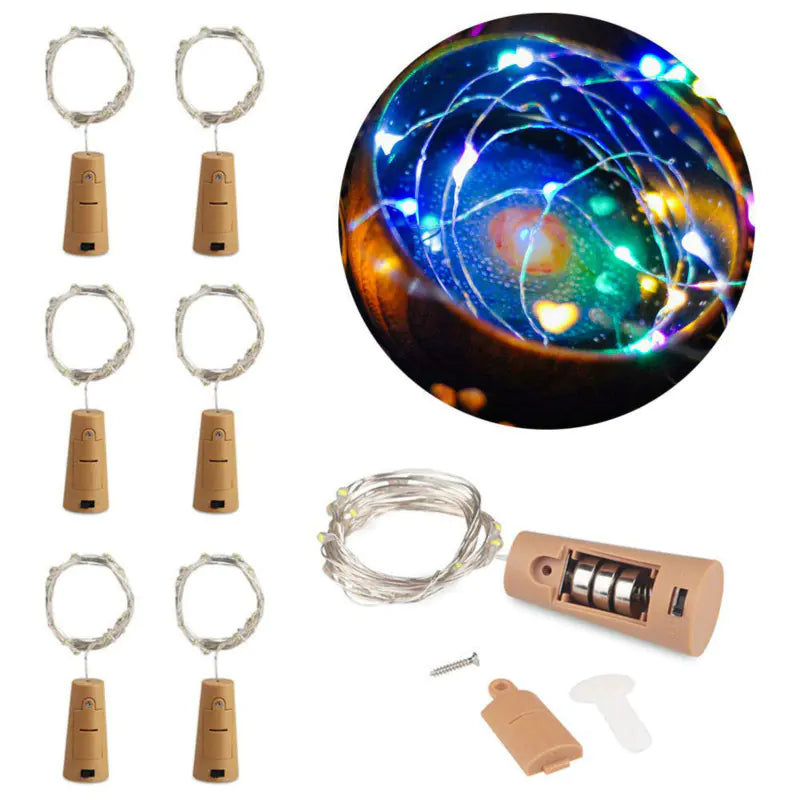 Set of wine bottle stoppers with string lights and a close-up of the light display.