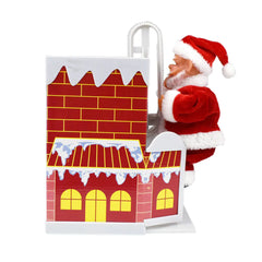 Santa Claus climbing a red brick chimney with a ladder. Below are windows shining light