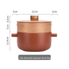 Brown steamer with dimensions on a white background