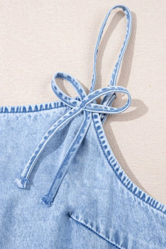Bow Detail Spaghetti Straps Ruffle Hem Denim Dress