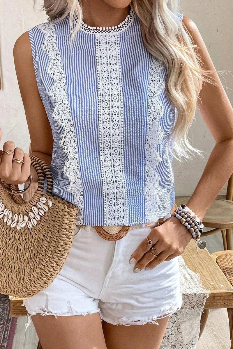 Vertical Striped Lace Patchwork Crew Neck Sleeveless Top with two different lace designs going down the front and blue and white pinstripes as well