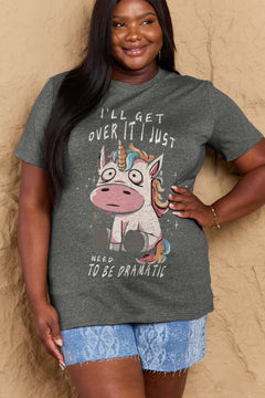 Grey Tshirt with round neck and short sleeves, Sad unicorn with big eyes sitting down with slogan  I'LL GET OVER IT I JUST NEED TO BE DRAMATIC