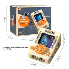 Toy car with screen and astronaut-themed packaging, showing dimensions and weight.
