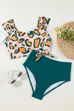 Leopard Print U Neck Knotted High Waist Bikini Set