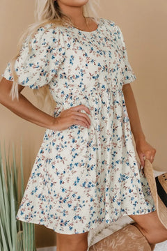 Floral Puff Short Sleeve Empire Waist Mini Dress