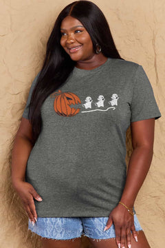 Grey Tshirt with Jackolantern appearing to be trying to eat a line of fleeing ghosts