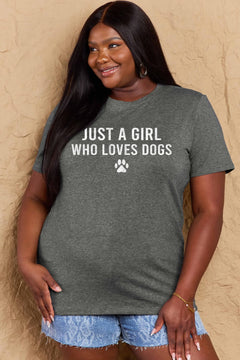 A grey t-shirt with 'Just a Girl Who Loves Dogs' text and a pawprint below in white. Round neck and short sleeves, loose fit