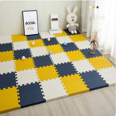 Colorful foam puzzle mat on a wooden floor with toys and decor items.