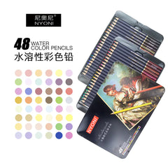 Set of NYONI watercolor pencils with color swatches and packaging on a white background