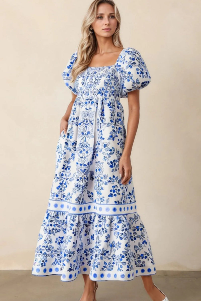 Smocked Printed Square Neck Puff Sleeve Dress,white with blue floral pattern and two bands of trim on the skirt to give it a tiered look