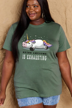 Green Tshirt with a unicorn laying on it's belly with all legs splayed out and the slogan BEING AWESOME IS EXHAUSTING under it. Round neck and short sleeves