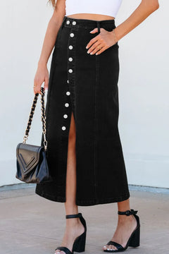 Long Black denim skirt with buttons up the front and slit to mid thigh