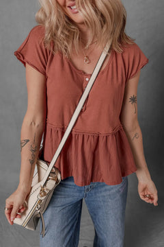 Short Sleeve U Neck Buttons Splicing Ruffle Blouse