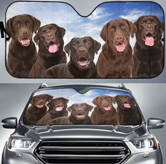 Car sunshade with a design of five brown dogs on a blue sky background, placed on a car.