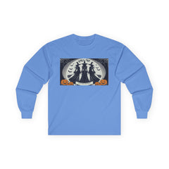 Blue Tee shirt with a Halloween-themed graphic,witches standing with brooms facing the full moon slogan says Lets get Wicked at the bottom and Girls Trip at top