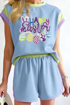 HAPPY EASTER Sequin Round Neck Top and Short Set