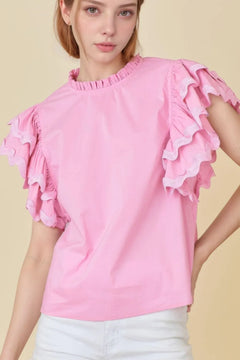 Pink cotton Ruffled Sleeve Frilled Collar Blouse