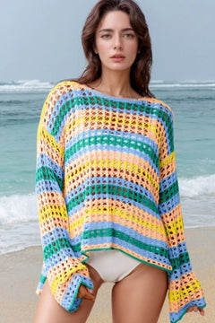 Colorful crochet cover-up with horizontal stripes on open work stitching, blue, green, yellow, peach. Boat neck, pullover with dropped shoulders and extra long sleeves