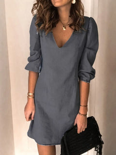 V-Neck Half Sleeve Dress with elastic push up sleeves, blue, loose fit, comes to mid thigh