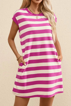 Stripe Cap Sleeve Pocketed Shift Tee Dress