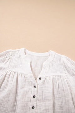 Textured Short Sleeve Buttons Frayed Blouse