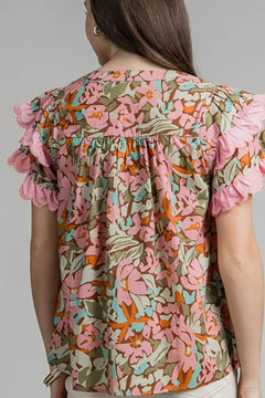 Multicolour Floral Tiered Ruffled Short Sleeve Blouse