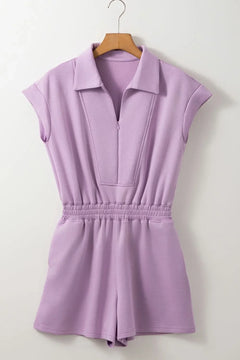 Short Sleeve Zipper Collared Elastic High Waist Romper