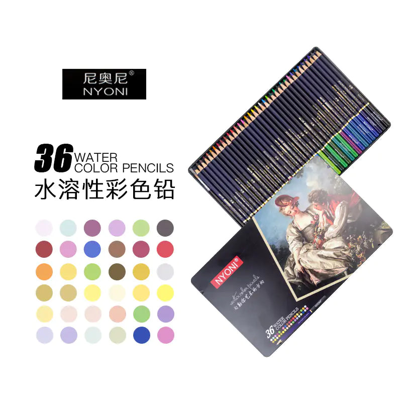 Set of NYONI watercolor pencils with color swatches and a painting on a white background