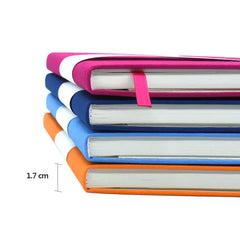 Stack of colorful notebooks with a measurement label on a white background
