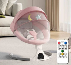 Pink baby Rocker & Cradle with remote control on a light-colored floor.