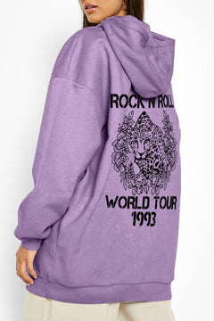 Purple hoodie with Rock N Roll World Tour 1993 in block letters around a leopard prowling through jungle flowers and leaves
