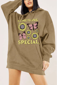 SOMETHING SPECIAL Slogan with sun flowers and pink and black butterflies on soft brown pullover hoodie that comes to mid thigh and has long sleeves and front pocket.
