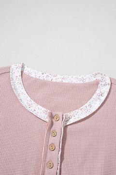 Waffle Floral Patchwork Exposed Seam Detail Short Sleeve Top