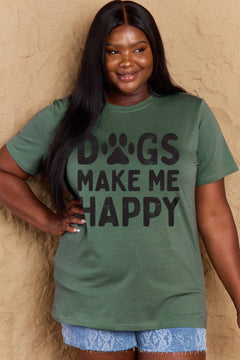 Short sleeved round neck green tshirt with DOGS MAKE ME HAPPY in big block letters on the front. The O in dog is replace by a paw print in white, just like the letters.