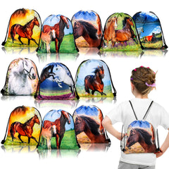 Collection of drawstring bags with horse designs, meant for party favors