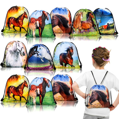 Collection of drawstring bags with horse designs, meant for party favors