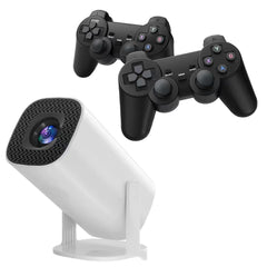 White security camera with two black gaming controllers on a white background