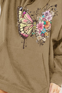 Khaki hoodie with a colorful butterfly and floral design on the chest.