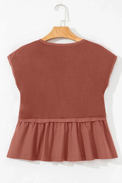 Short Sleeve U Neck Buttons Splicing Ruffle Blouse