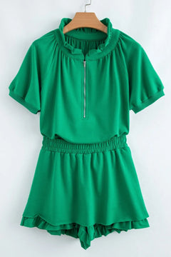 Frill Zip Front Puff Sleeve Top and Skort Set