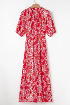 Paisley Print Side Slit Puff Sleeve High Waist Maxi Dress