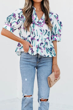 Floral Ricrac Trim Half Sleeve Peplum Top