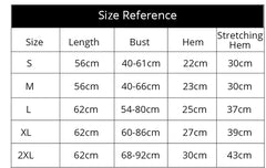 Size reference chart for clothing measurements including length, bust, hem, and stretching hem.