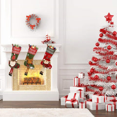 Christmas scene with decorated tree, presents, and stockings by a fireplace.