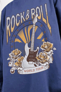 Blue sweatshirt with 'Rock & Roll World Tour' design in white and brown. Design shows a guitar with roses on each side