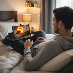 Black adjustable screen magnifying cell phone stand with a black button on a black background
