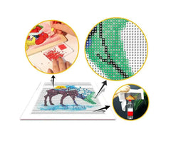 DIY diamond painting kit with step-by-step process on a white background