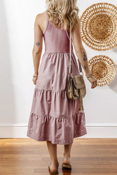 Ribbed Vest Patchwork Tiered Midi Dress with Pockets