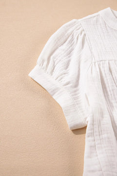 Textured Short Sleeve Buttons Frayed Blouse